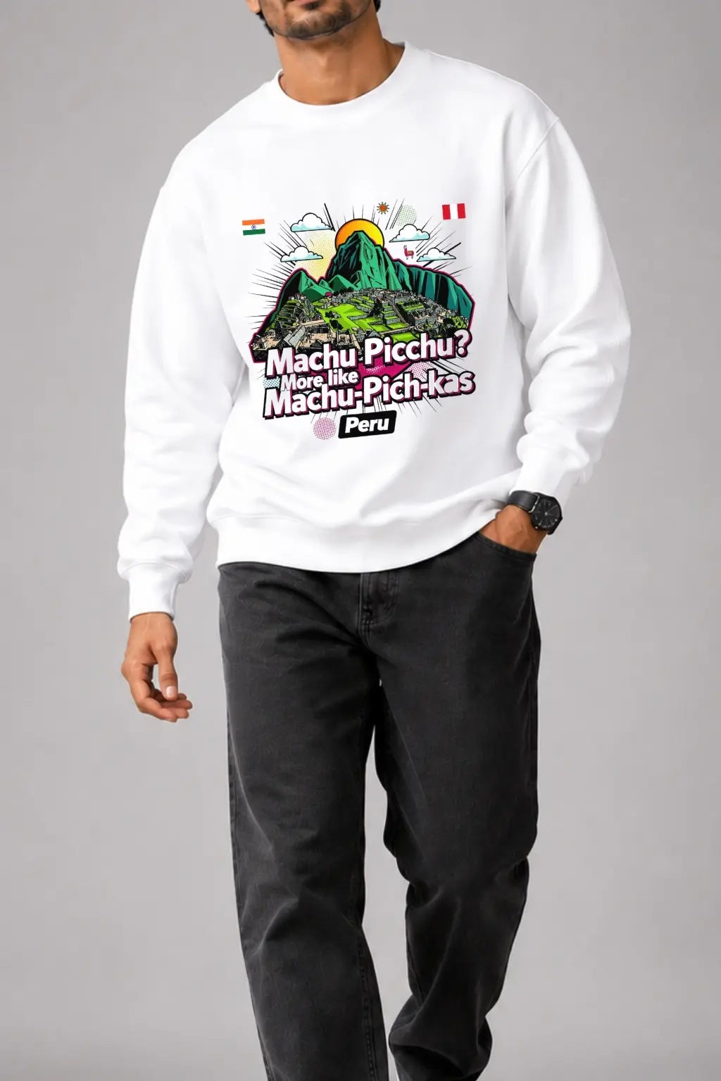 JUNOSHI Oversized Sweatshirt Men — Peru Travel Pun Print Close-Up, Wander & Wonder Collection
