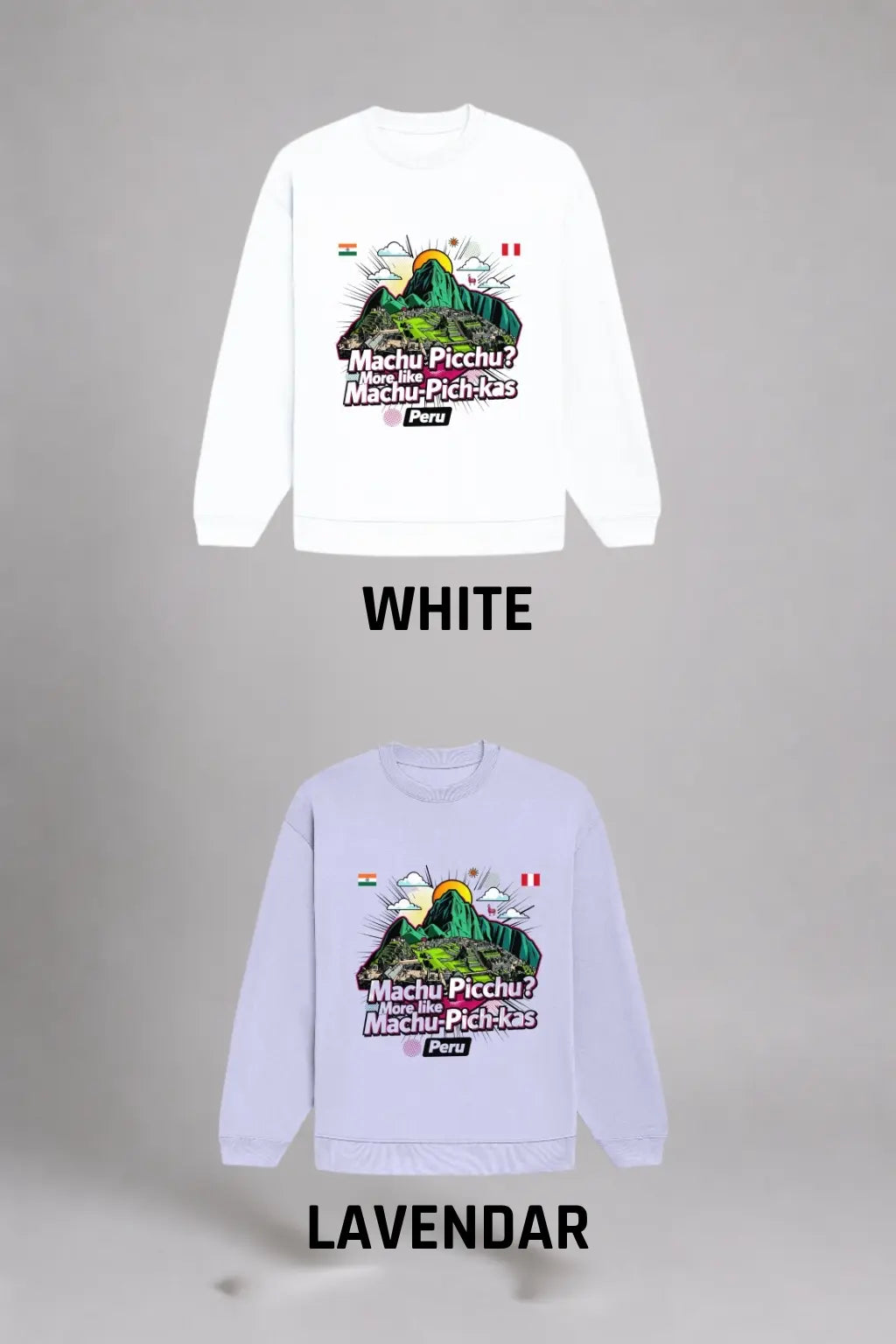 JUNOSHI Oversized Sweatshirt Men — White vs Lavender Colorway, Peru Travel Graphic Comparison