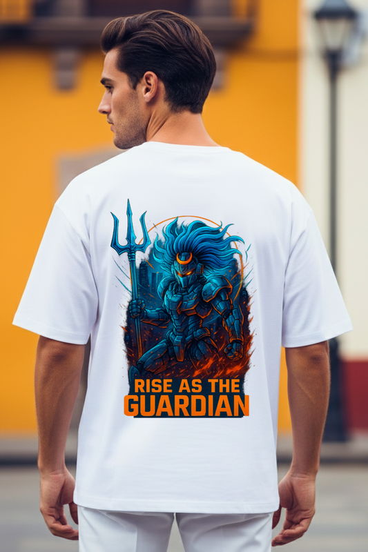 JUNOSHI Mahadev Guardian anime oversized white tee back view — full combat scene DTF print, Rise As The Guardian text, divine anime streetwear India