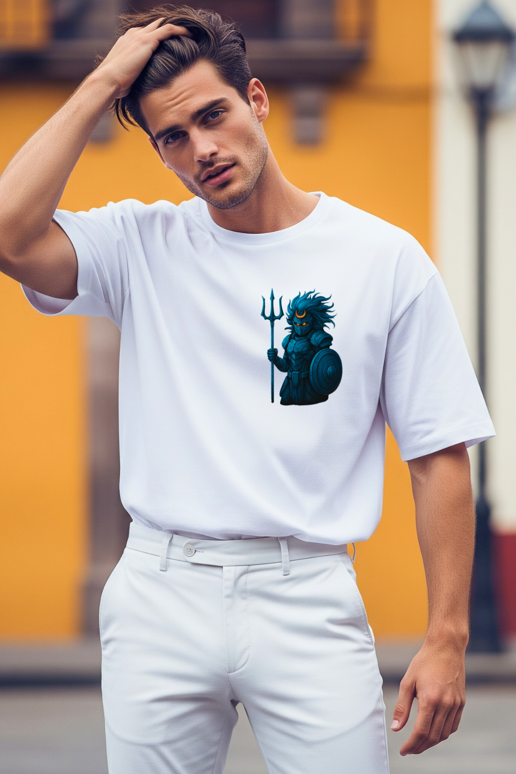 JUNOSHI Mahadev Guardian anime oversized white tee for men — divine warrior chest badge, trishul crescent armour print, Hindu mythology streetwear India