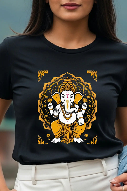 JUNOSHI Mandala Ganesha Tee Close-Up — Saffron-Gold DTF Print Detail, Modak Mood