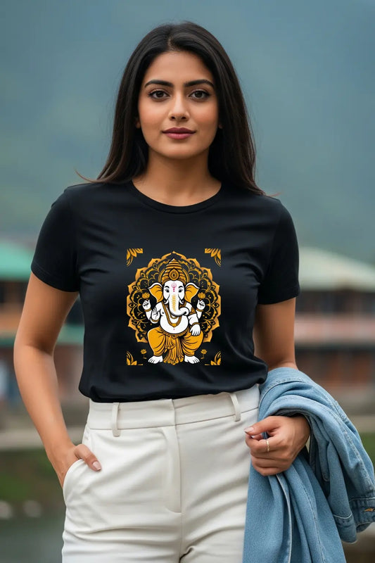 JUNOSHI Mandala Ganesha Women's Festival Tee — Ganesh Chaturthi Wear, Modak Mood Collection