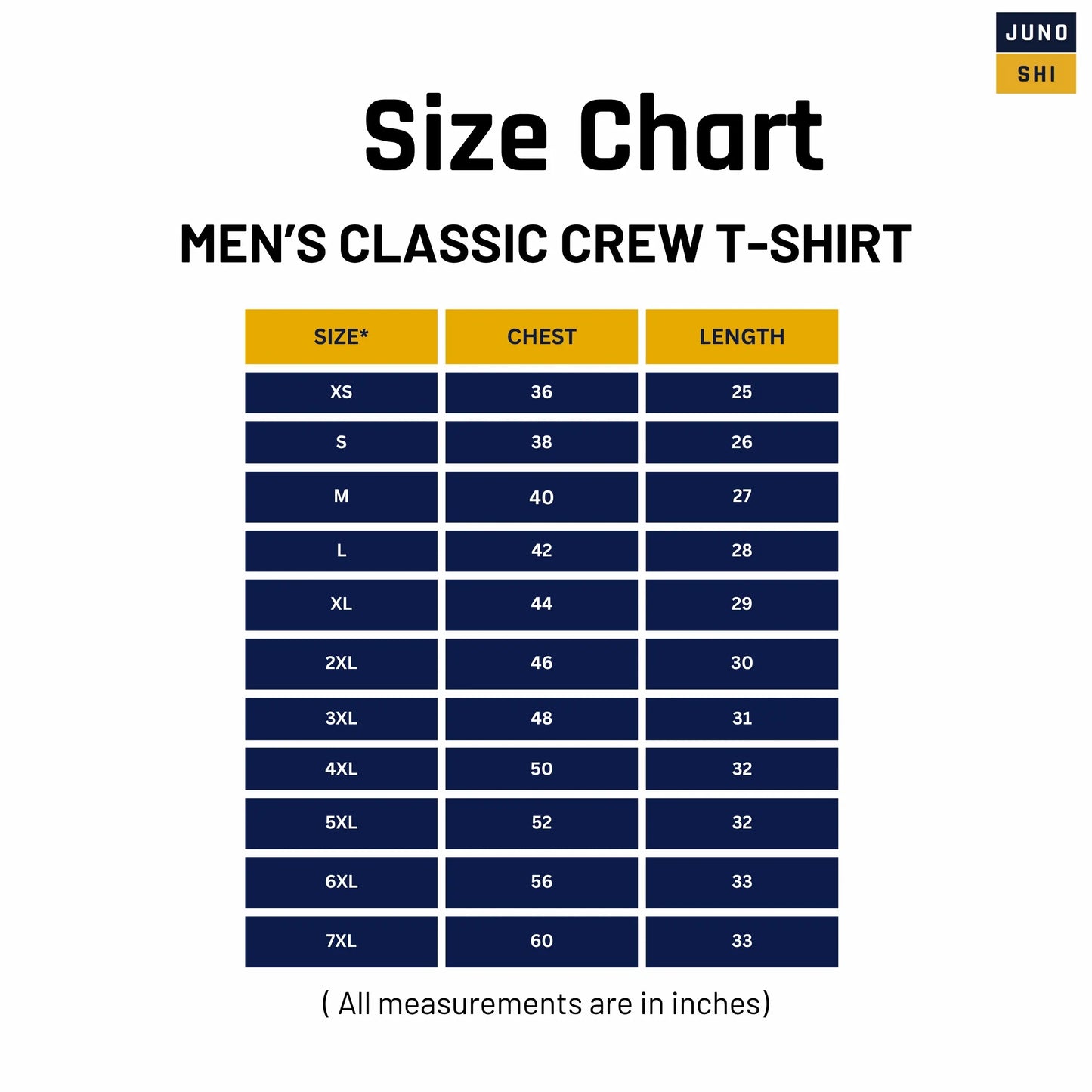 Size chart for JUNOSHI Men's Classic Crew T-Shirt — chest and length measurements in inches for XS to 7XL