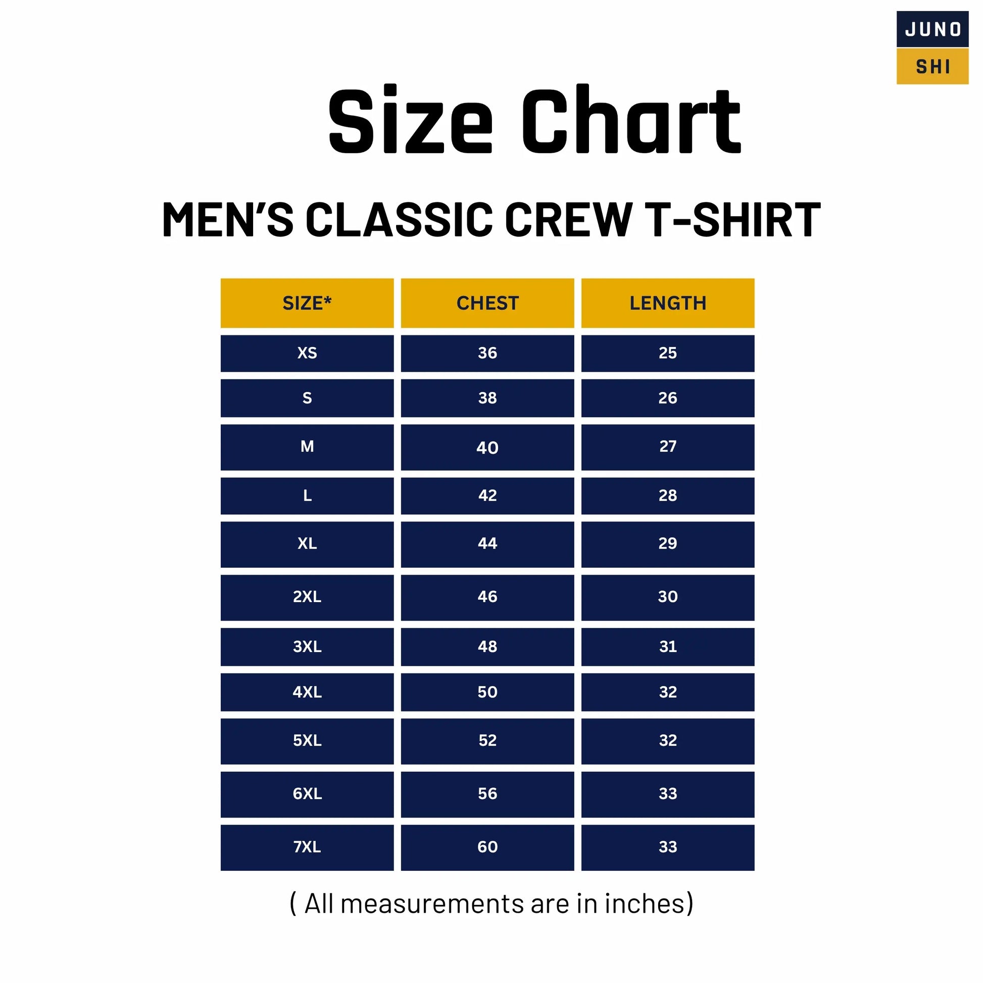 Size chart for JUNOSHI Men's Classic Crew T-Shirt — chest and length measurements in inches for XS to 7XL
