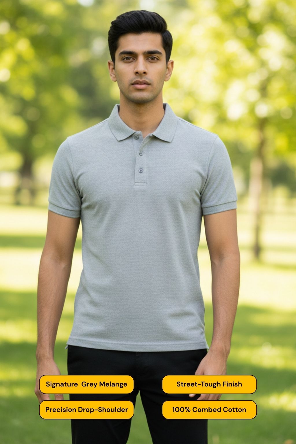 JUNOSHI Men's Classic Polo T-shirt Grey Melange — Breathable Airtex Cotton, Office Casual India
