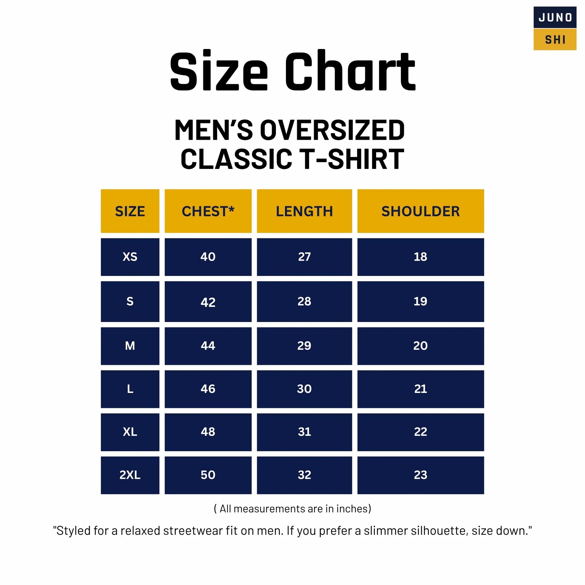 Size chart for JUNOSHI Men's Oversized Classic T-Shirt — chest, length, and shoulder measurements in inches for XS to 2XL, with streetwear fit advice