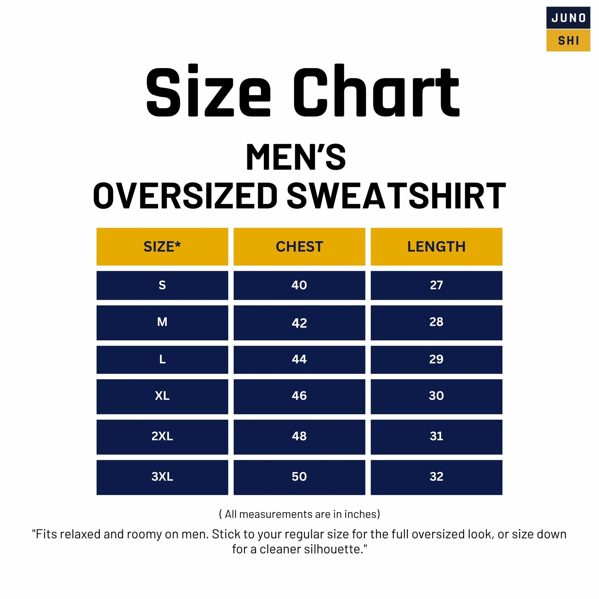 Size chart for JUNOSHI Men's Oversized Sweatshirt — chest and length measurements in inches for S to 3XL, with oversized fit guidance for men
