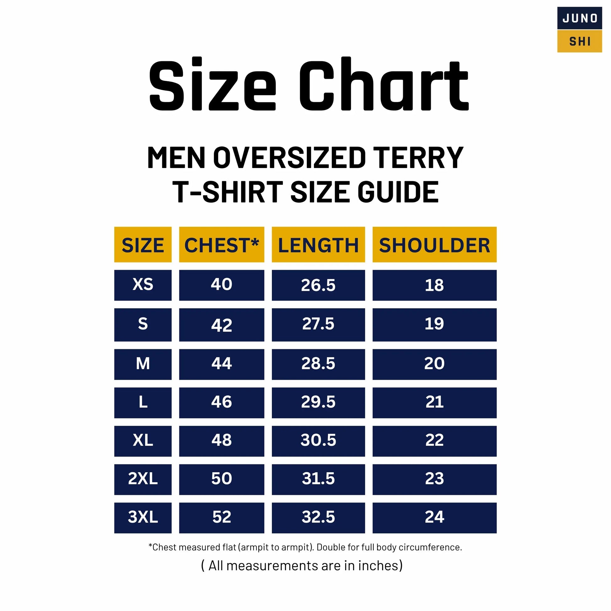 Size chart for JUNOSHI Men's Oversized Terry T-Shirt — chest, length, and shoulder measurements in inches for XS to 3XL, with flat measurement note