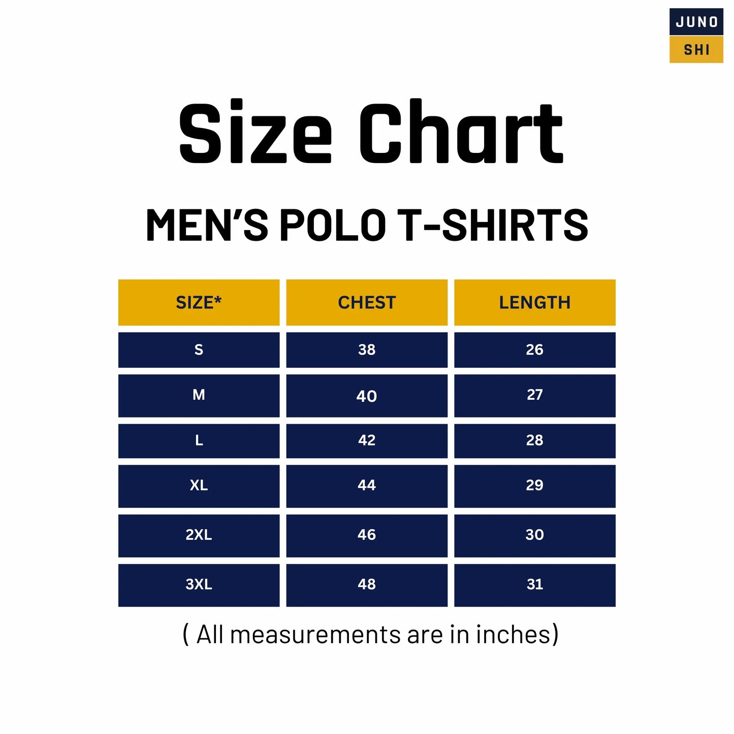 Size chart for JUNOSHI Men's Polo T-Shirt — chest and length measurements in inches for S to 3XL