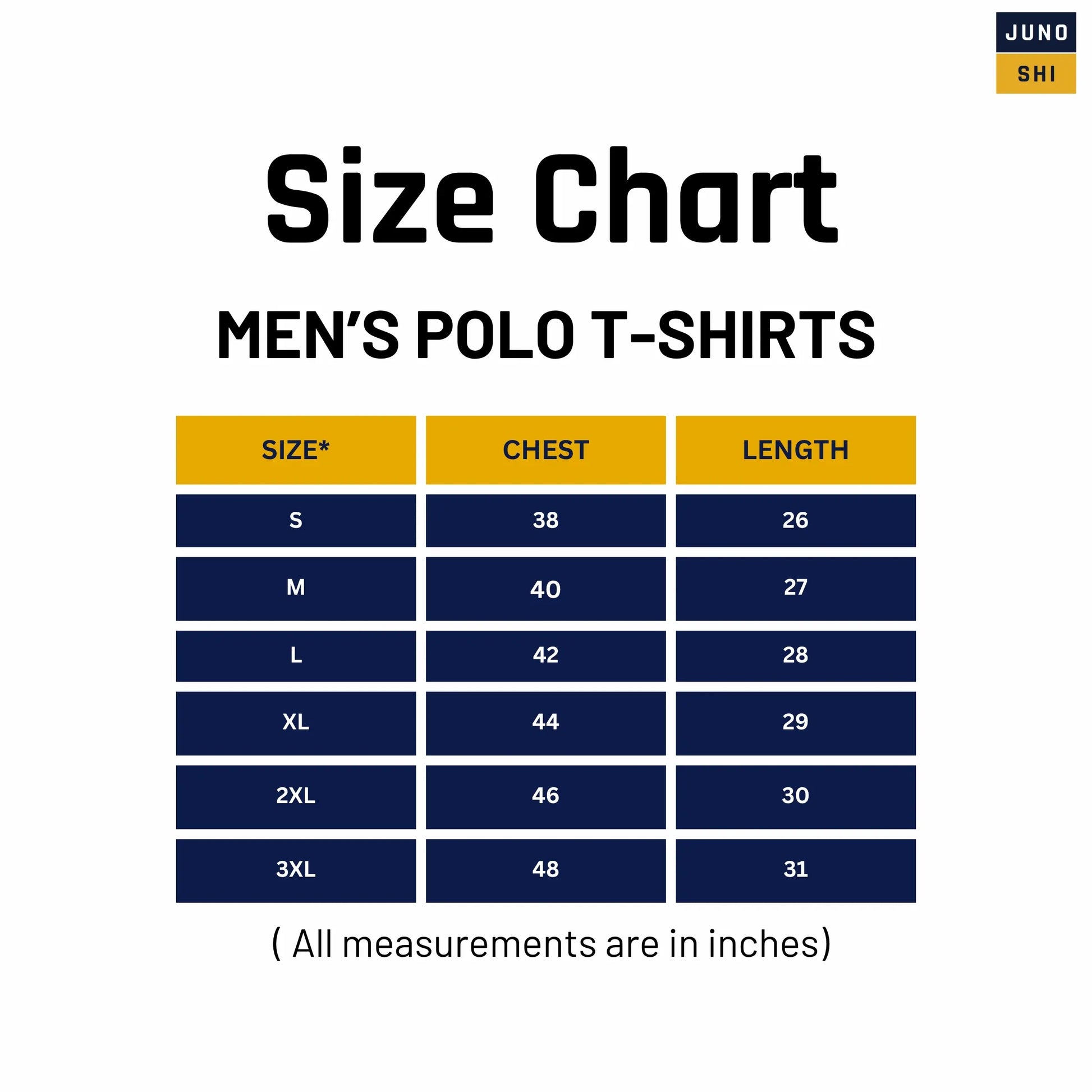 Size chart for JUNOSHI Men's Polo T-Shirt — chest and length measurements in inches for S to 3XL