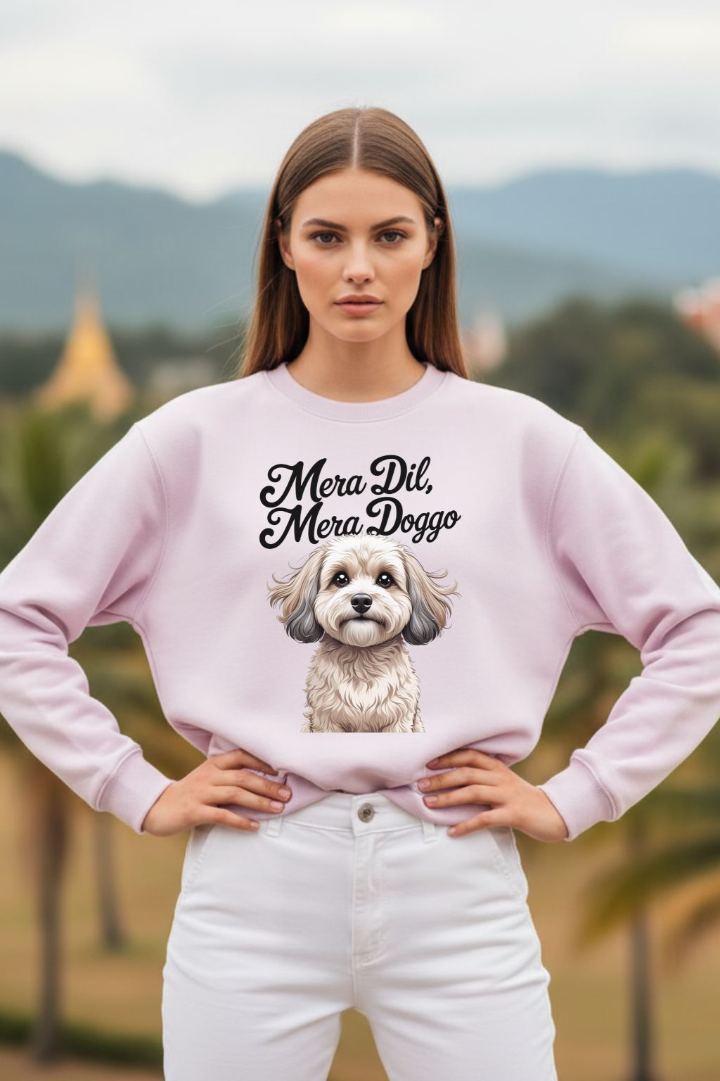 JUNOSHI Doggo Print Oversized Sweatshirt Women — Baby Pink, Dog Mom Comfort Streetwear