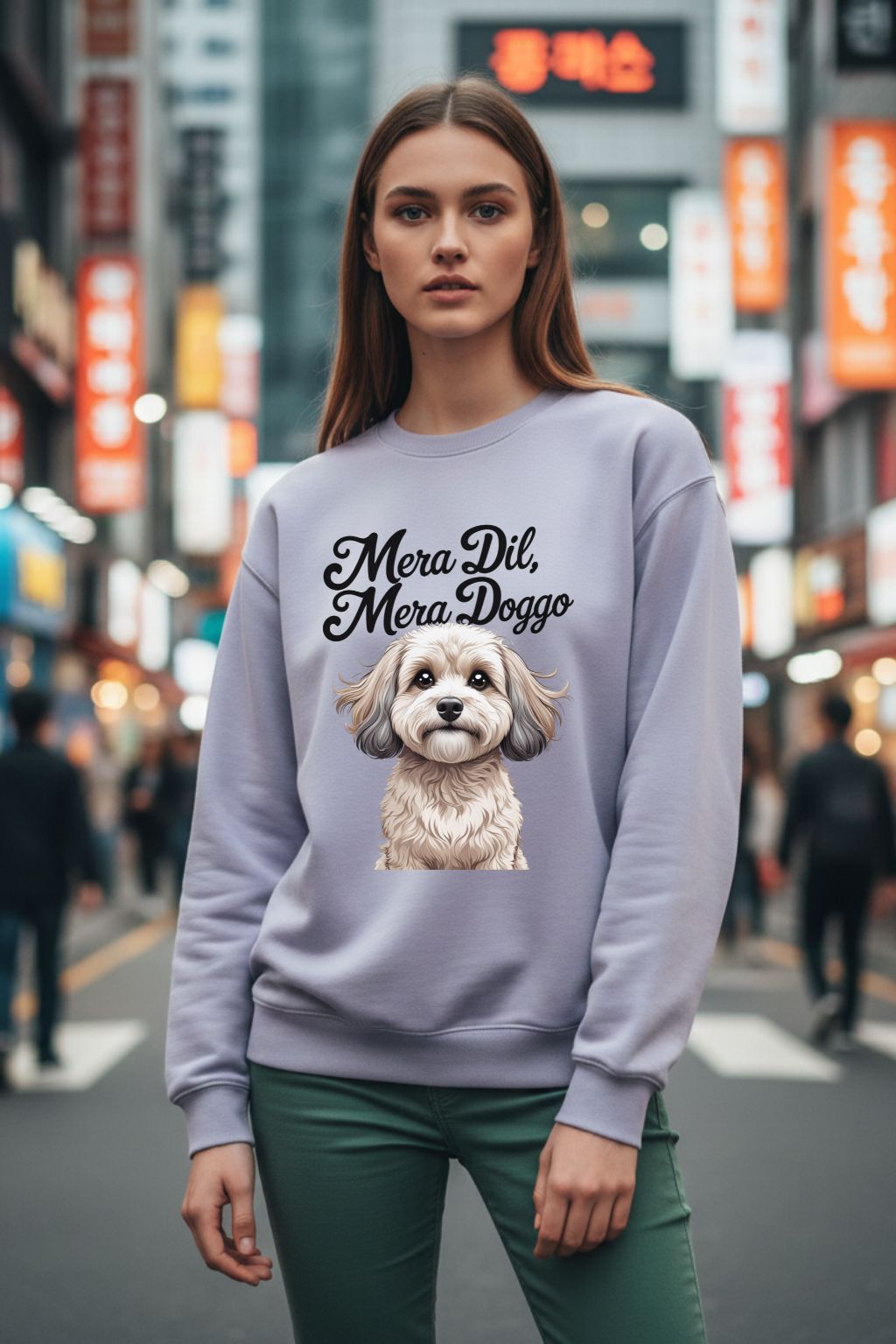 JUNOSHI Mera Dil Mera Doggo Oversized Sweatshirt Women — Lavender, Cute Dog Print Pet Lover Streetwear