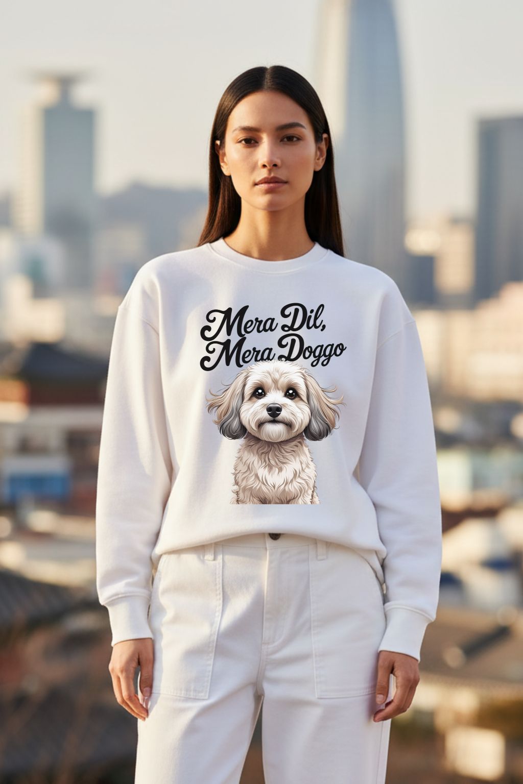 JUNOSHI Mera Dil Mera Doggo Sweatshirt Women — White Oversized Fit, Pet Love Streetwear