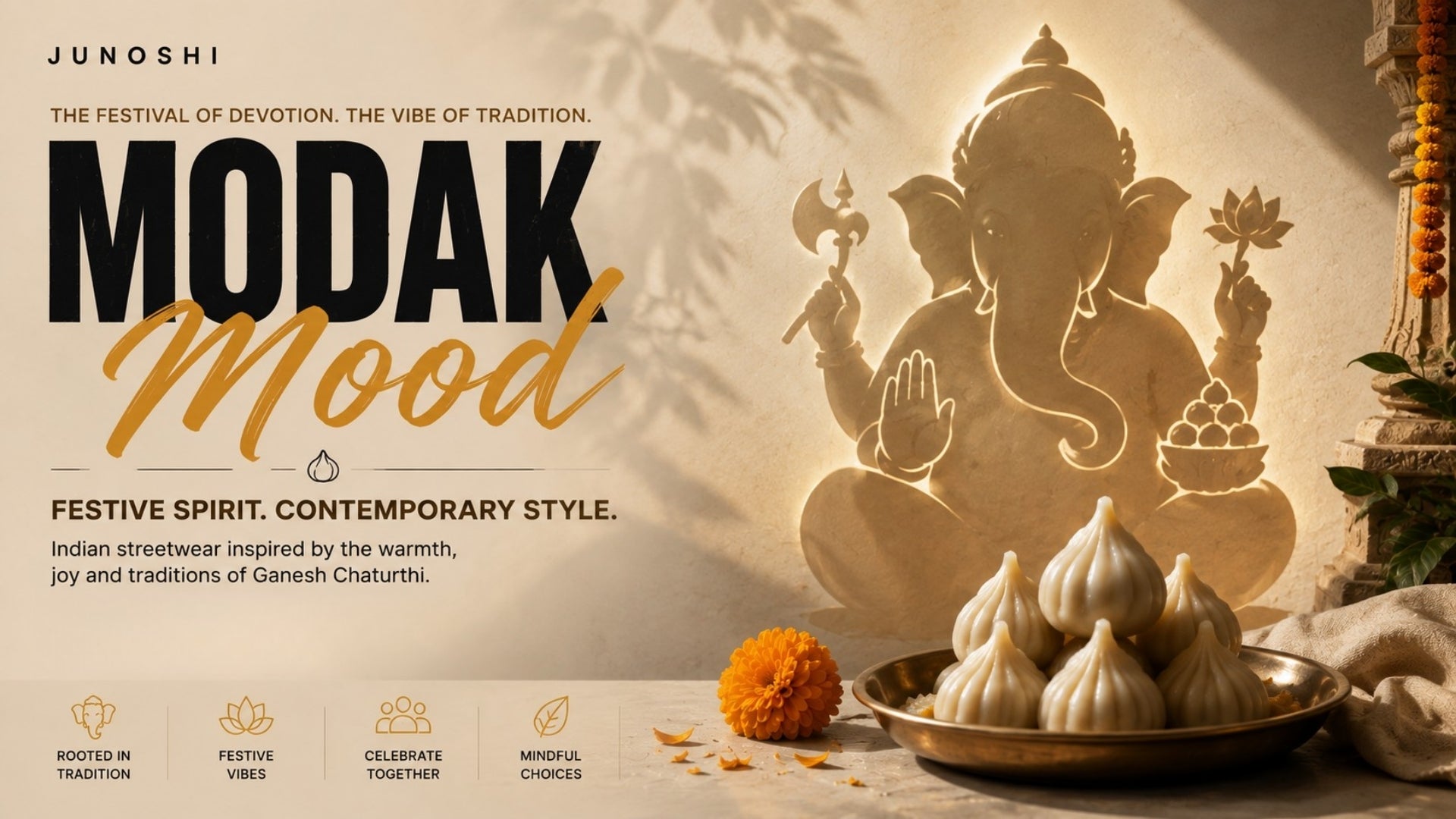 JUNOSHI Modak Mood collection hero banner — Lord Ganesha silhouette with modaks and marigold flower, Ganesh Chaturthi festival streetwear for India