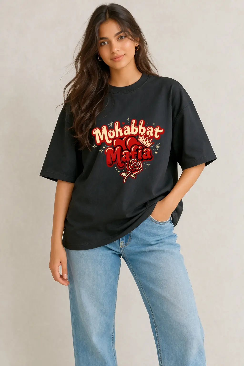 JUNOSHI Mohabbat Mafia Oversized T-shirt Women — Bold Desi Romance Graphic Tee, Black, Full Body, Indian Streetwear