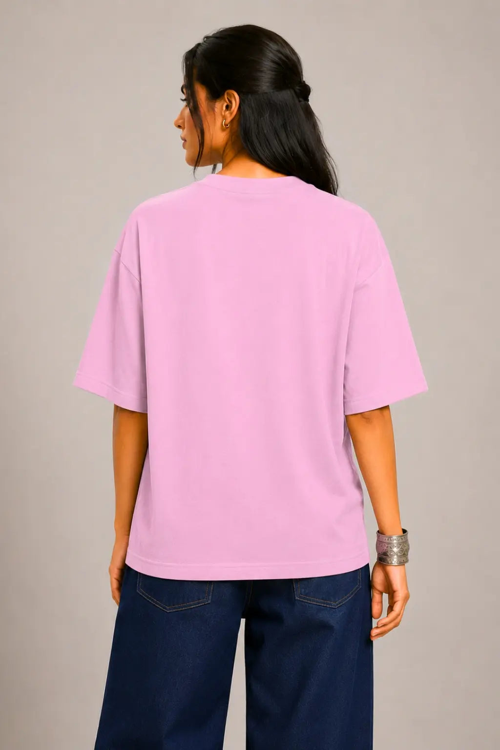 JUNOSHI Mohabbat Mafia Oversized T-shirt Women — Back View, Oversized Relaxed Fit, Light Baby Pink, 240 GSM Cotton, Indian Streetwear