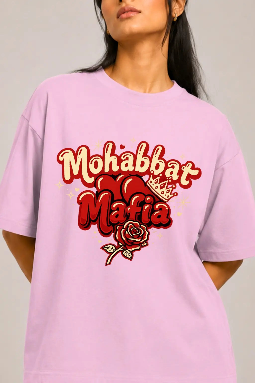 JUNOSHI Mohabbat Mafia Oversized T-shirt — DTF Print Close-Up, Heart Crown Rose Graphic, Light Baby Pink, Desi Romance Streetwear India