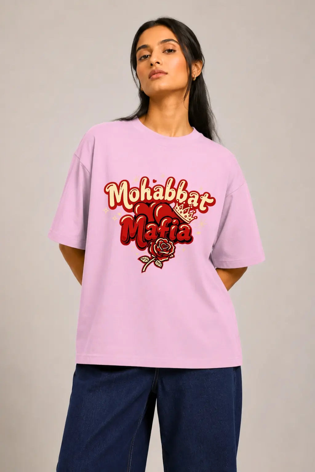 JUNOSHI Mohabbat Mafia Oversized T-shirt Women — Desi Love Heart Crown Print, Light Baby Pink, Full Body, Indian Streetwear