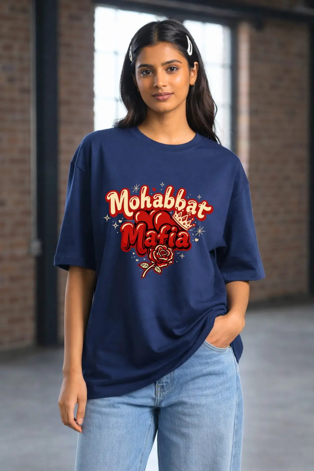 JUNOSHI Mohabbat Mafia Oversized T-shirt Women — Desi Love Heart Rose Print, Navy Blue, Full Body, Indian Streetwear