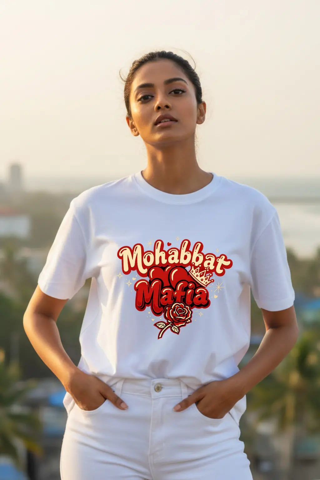 JUNOSHI Mohabbat Mafia Oversized T-shirt Women — Desi Romance Graphic Tee, White, Full Body Outdoor, Indian Streetwear