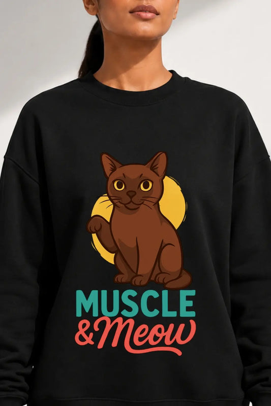 JUNOSHI Muscle & Meow Sweatshirt Women Black, Chest Print Close-Up — Gym-Cat Graphic Detail