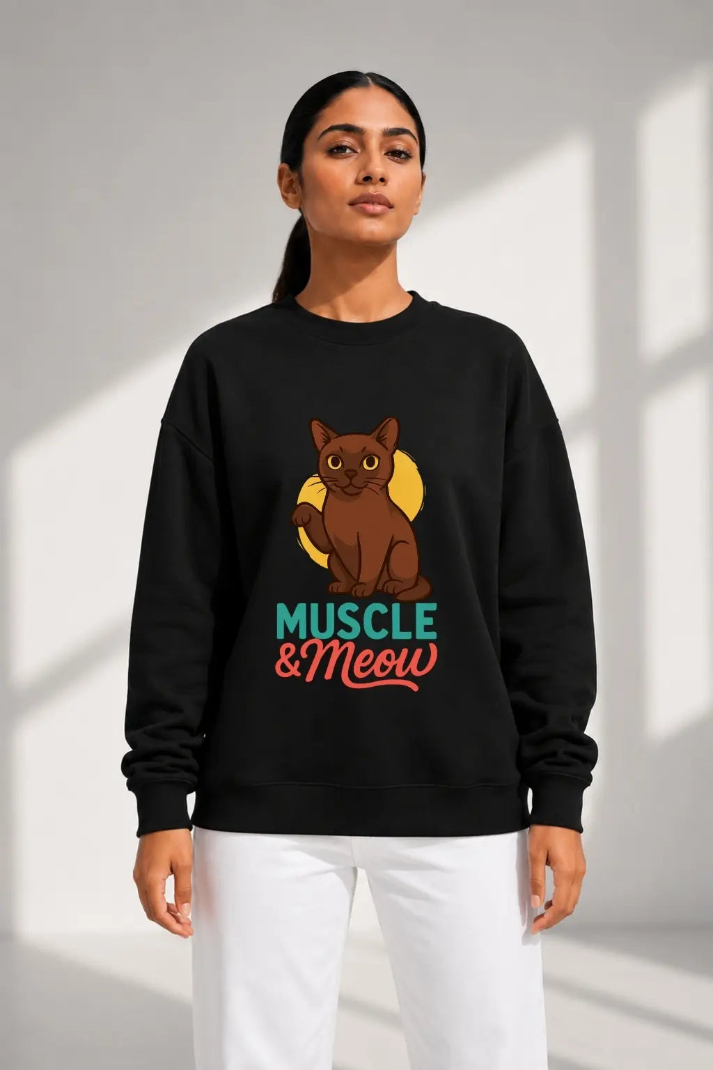 JUNOSHI Muscle & Meow Oversized Sweatshirt Women, Black — Gym-Cat Graphic, Leg Day Energy