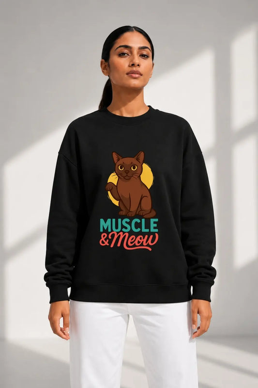 JUNOSHI Muscle & Meow Oversized Sweatshirt Women, Black — Gym-Cat Graphic, Leg Day Energy