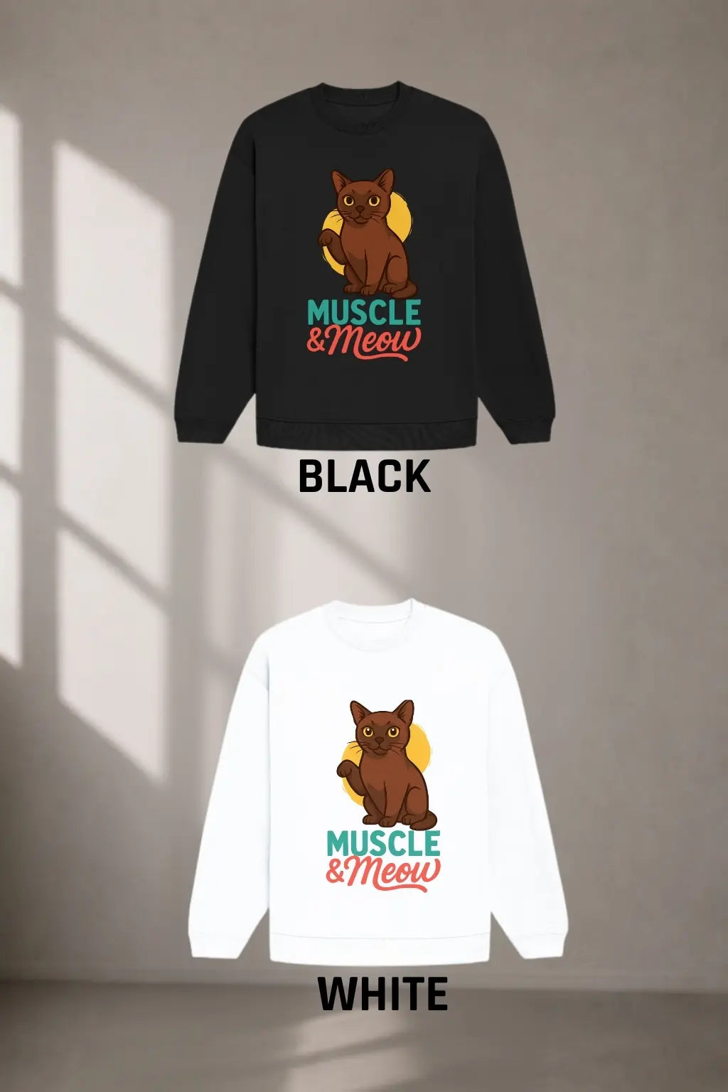 JUNOSHI Muscle & Meow Oversized Sweatshirt Women — Black and White Colourways, Gym-Cat Streetwear