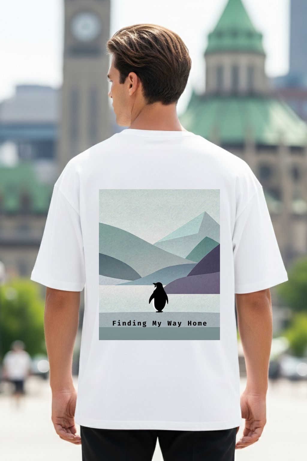 Back view of JUNOSHI Nihilist Penguin white oversized t-shirt — mountain and penguin back graphic, streetwear fit, urban background