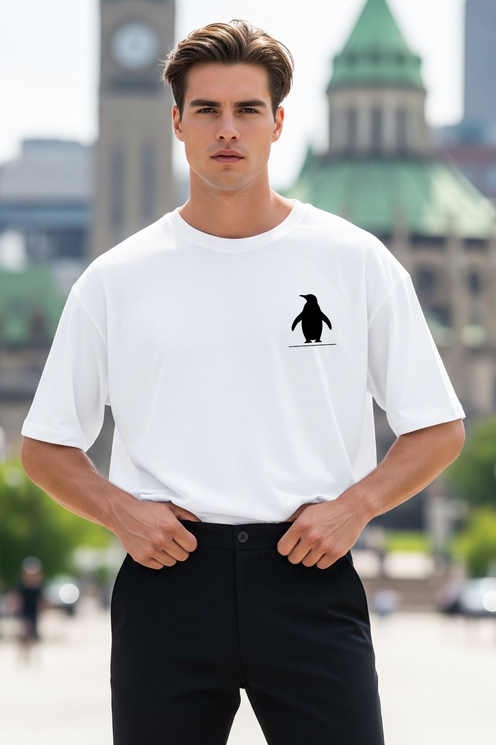 Man wearing JUNOSHI Nihilist Penguin white oversized t-shirt — front graphic, relaxed streetwear fit, urban setting