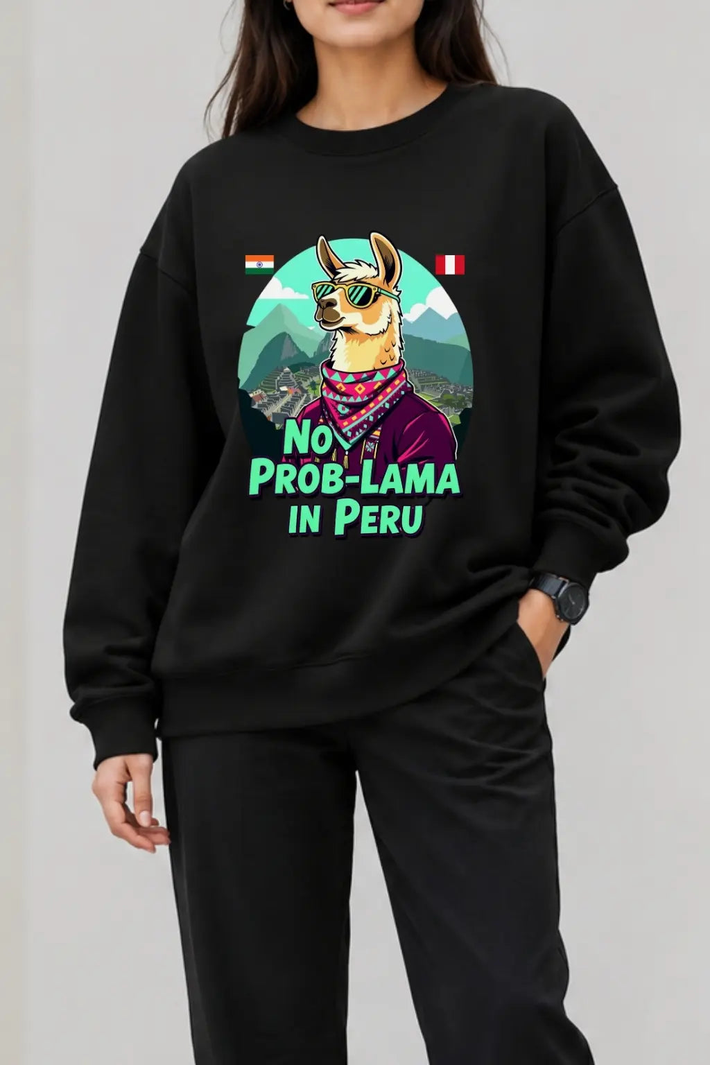 JUNOSHI Oversized Sweatshirt Women Close-Up — No Prob-Lama in Peru Graphic, Sunglasses Llama Travel Humor