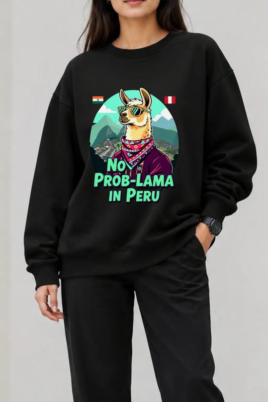 JUNOSHI Oversized Sweatshirt Women Close-Up — No Prob-Lama in Peru Graphic, Sunglasses Llama Travel Humor
