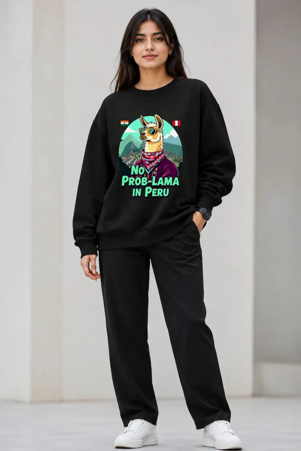 JUNOSHI No Prob-Lama in Peru Oversized Sweatshirt Women — Full Front Look, India-Peru Wanderlust Streetwear