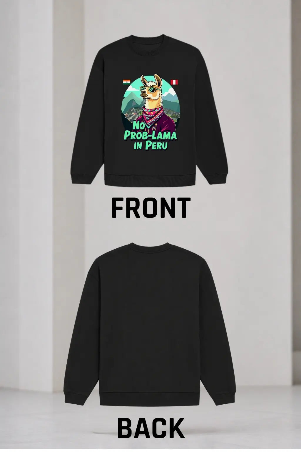 JUNOSHI No Prob-Lama in Peru Oversized Sweatshirt — Front and Back Flat Lay, Wanderlust Design Detail