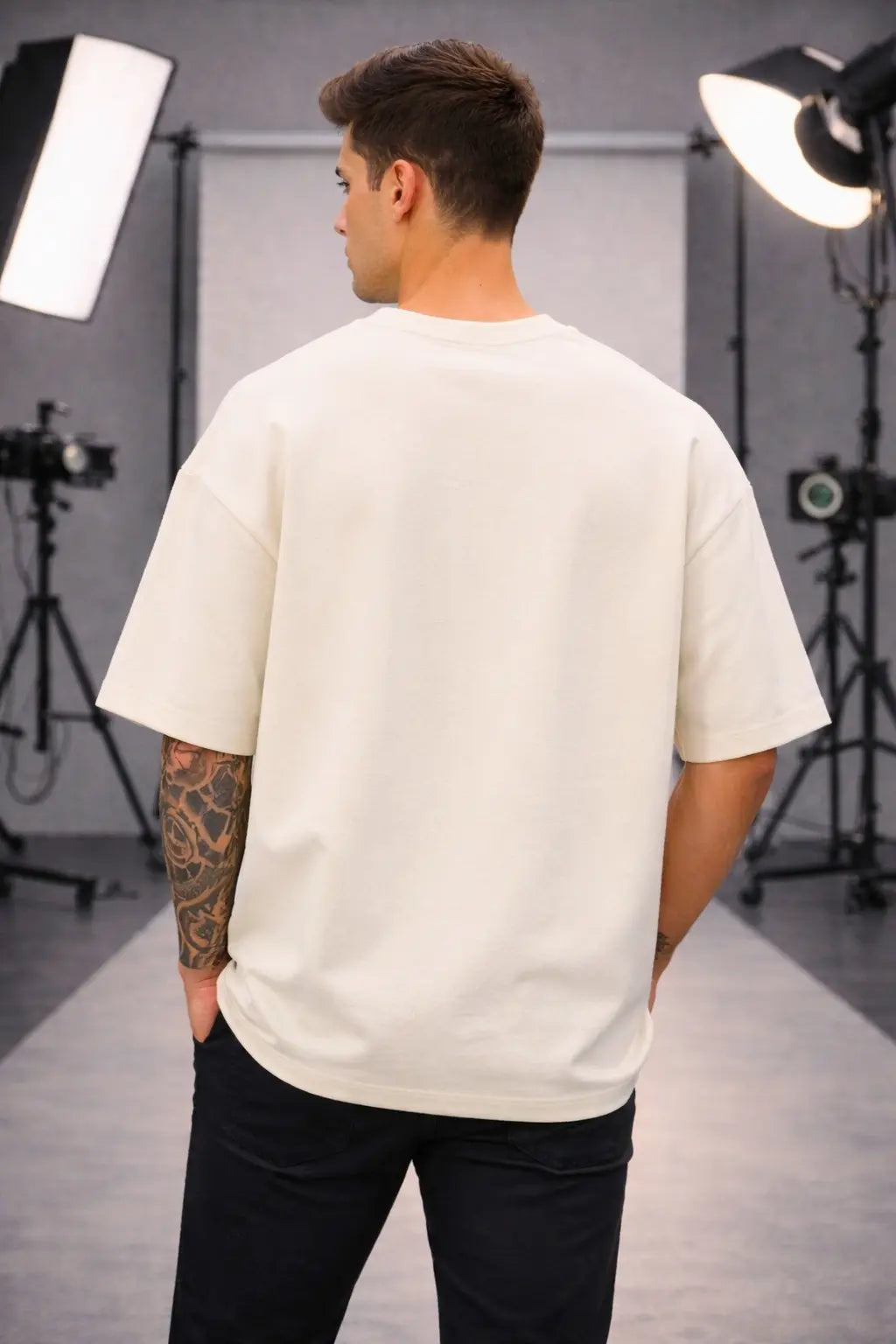 Back view of JUNOSHI oversized drop-shoulder cream t-shirt — photographer gift tee, relaxed unisex fit