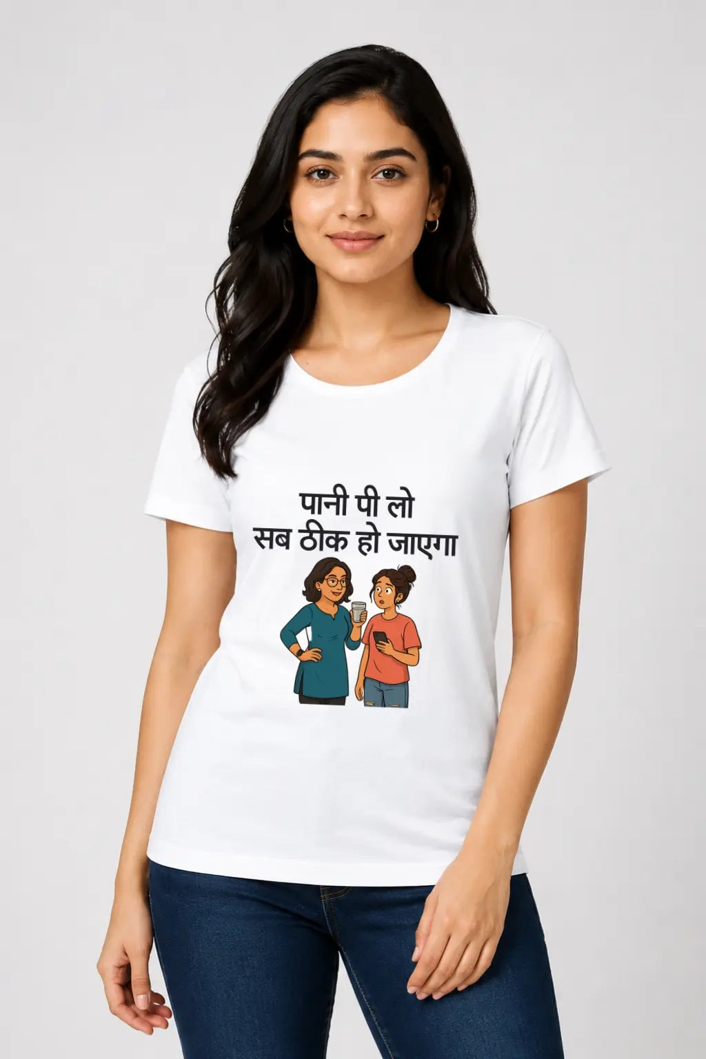 JUNOSHI Pani Pi Lo Mom Logic Women's T-shirt White — Desi Mom Wisdom, Mother-Daughter Banter