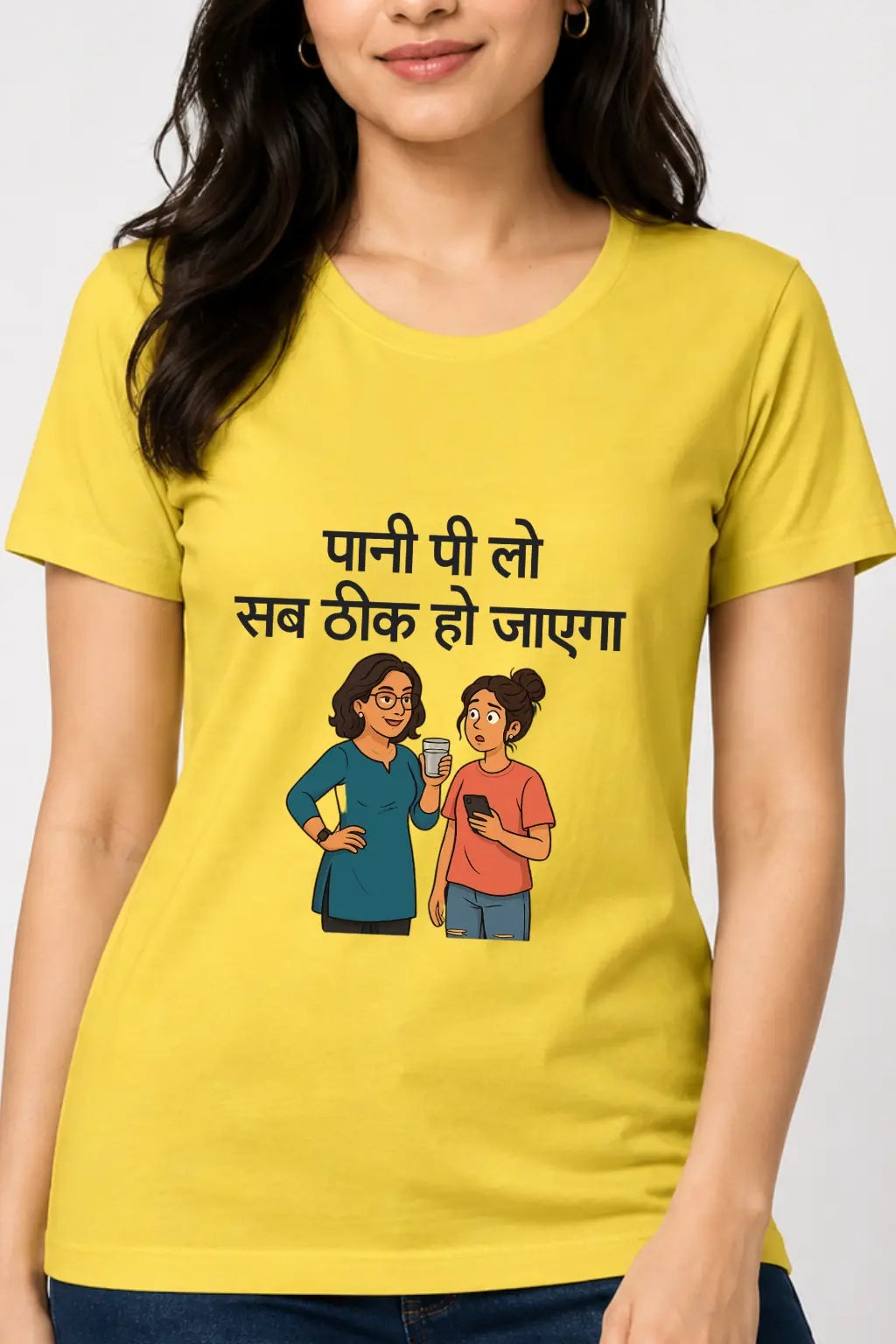 JUNOSHI Pani Pi Lo Mom Logic Women's T-shirt Yellow Close-Up — Print Detail, Desi Mom Wisdom