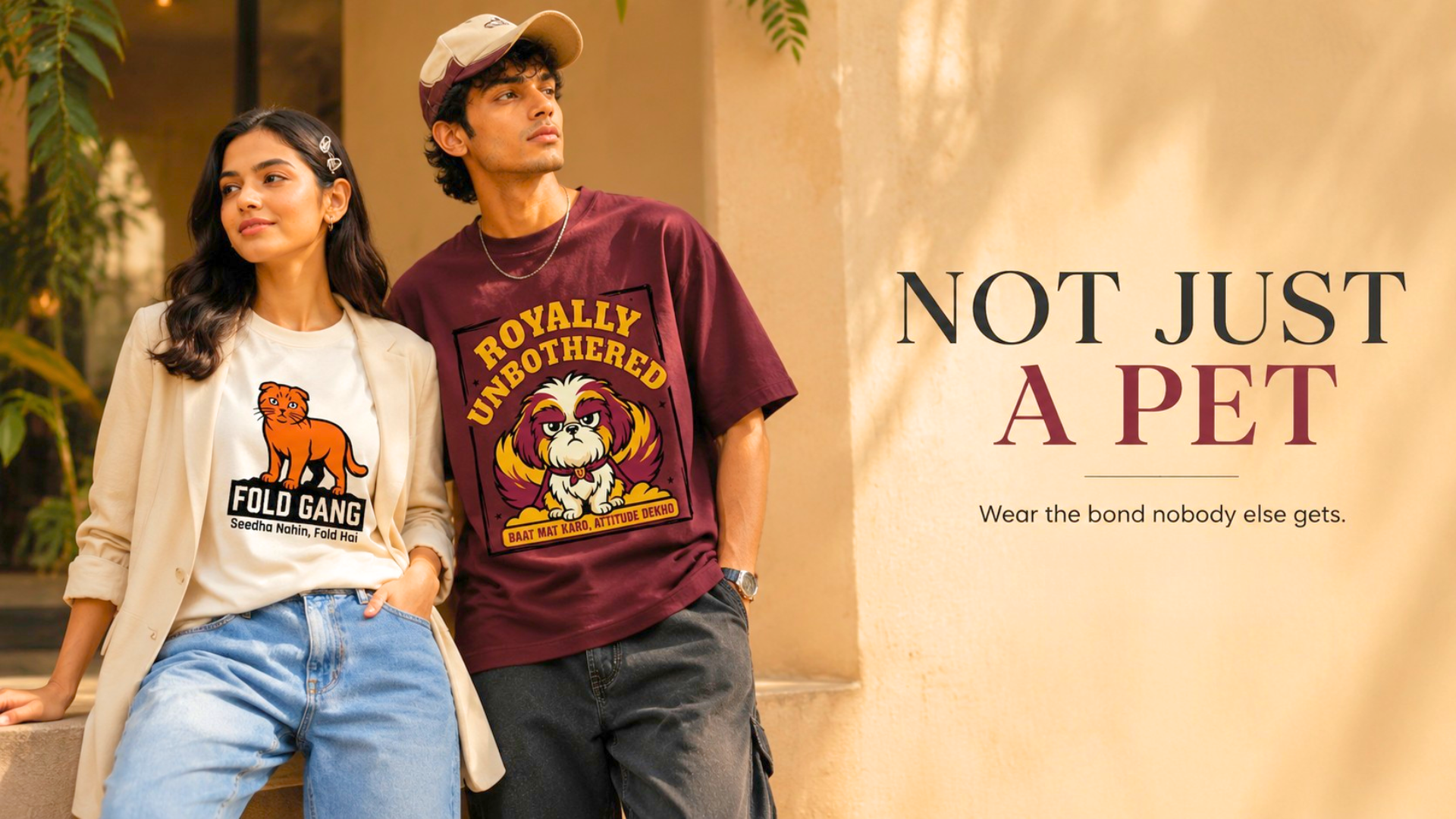 A young woman in a white Fold Gang cat graphic tee and a man in a maroon Royally Unbothered dog graphic oversized tee — JUNOSHI Pet Pawtrait Collection. Text reads: Not Just A Pet. Wear the bond nobody else gets.