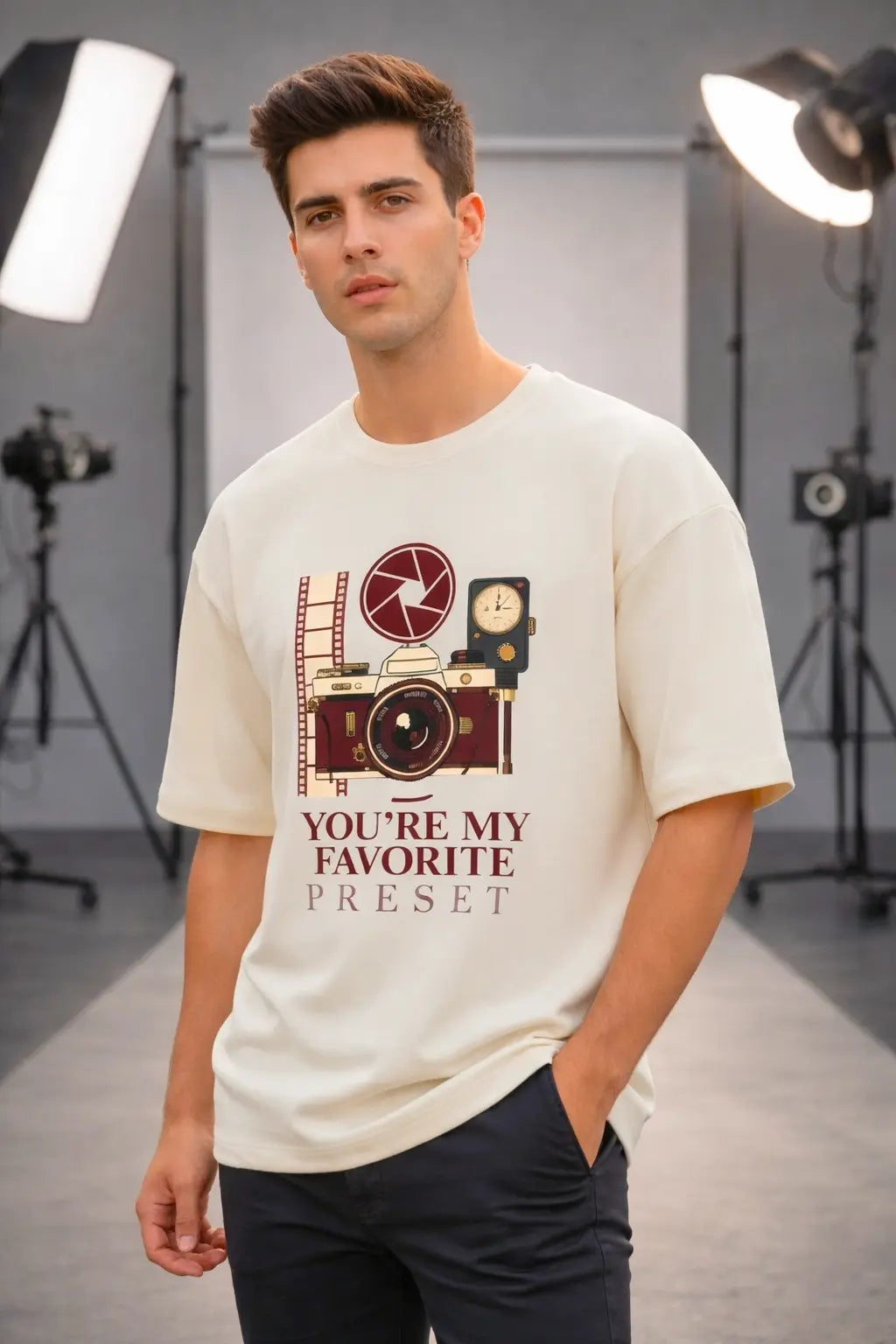 Cream oversized photographer couple tshirt with vintage camera print — You're My Favorite Preset by JUNOSHI, Valentine's Day gift for photographers