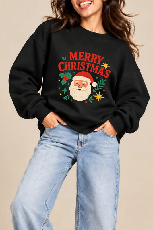 JUNOSHI Black Oversized Sweatshirt Unisex — Santa Merry Christmas DTF Print Close-Up, Festive Winter Wear