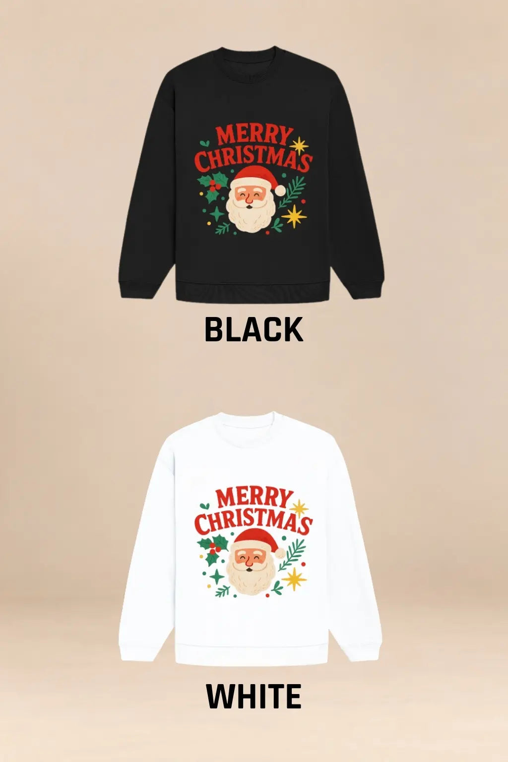 JUNOSHI Oversized Sweatshirt Unisex — Santa Merry Christmas Design in Black and White, Festive Winter Wear