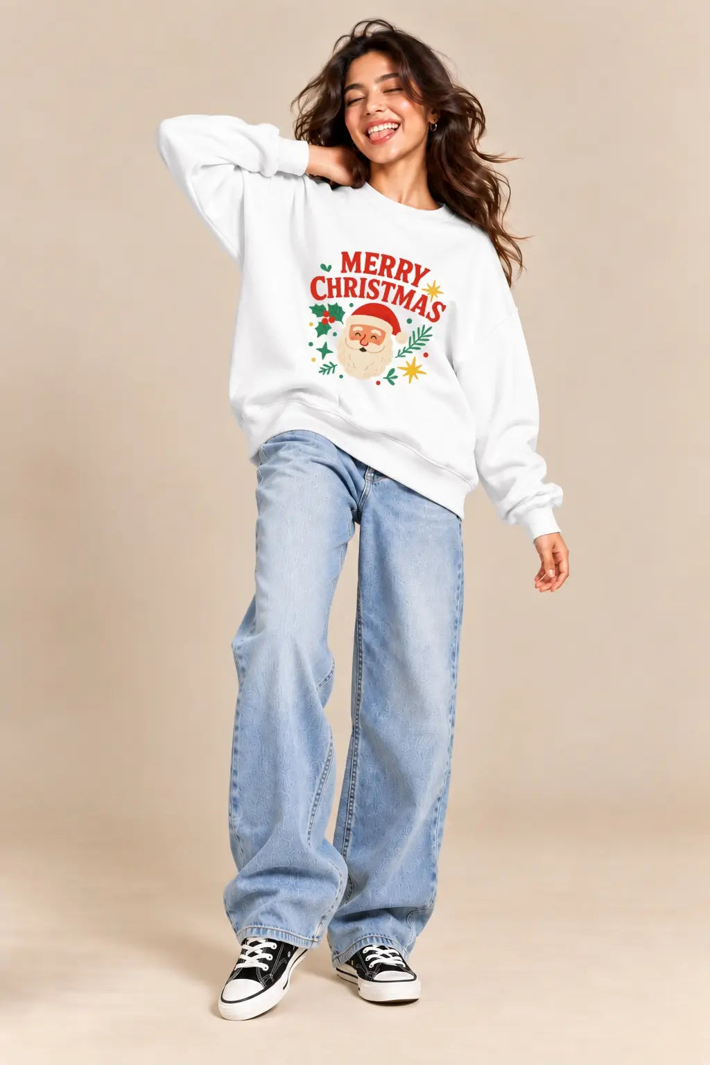 JUNOSHI White Oversized Sweatshirt Unisex — Santa Merry Christmas Design, Christmas Morning Look