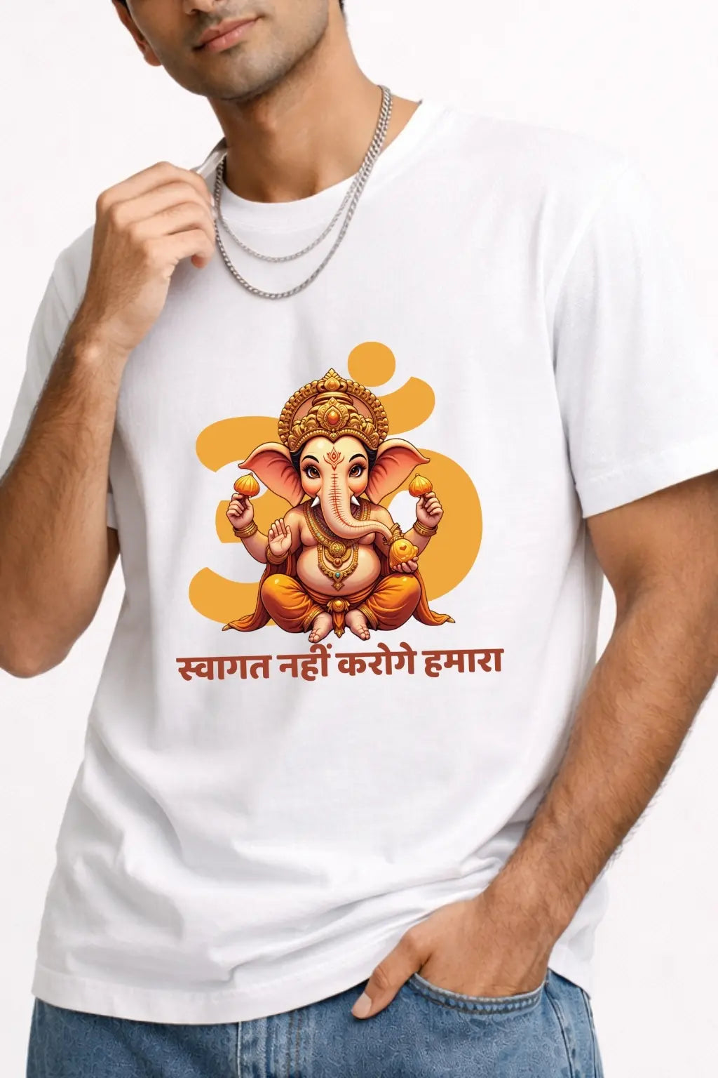 JUNOSHI Swagat Nahi Karoge Hamara White Tshirt Design Close-Up — Ganesha Om DTF Print Ganesh Chaturthi Festive Tee