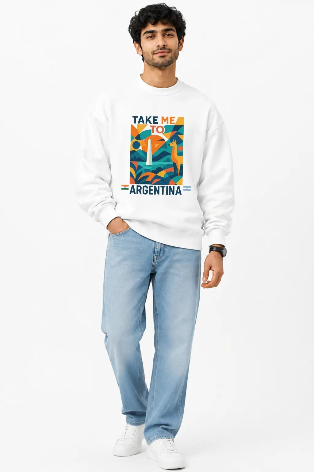JUNOSHI Take Me To Argentina Oversized Sweatshirt Unisex — Wanderlust Travel Graphic, Full Front Look