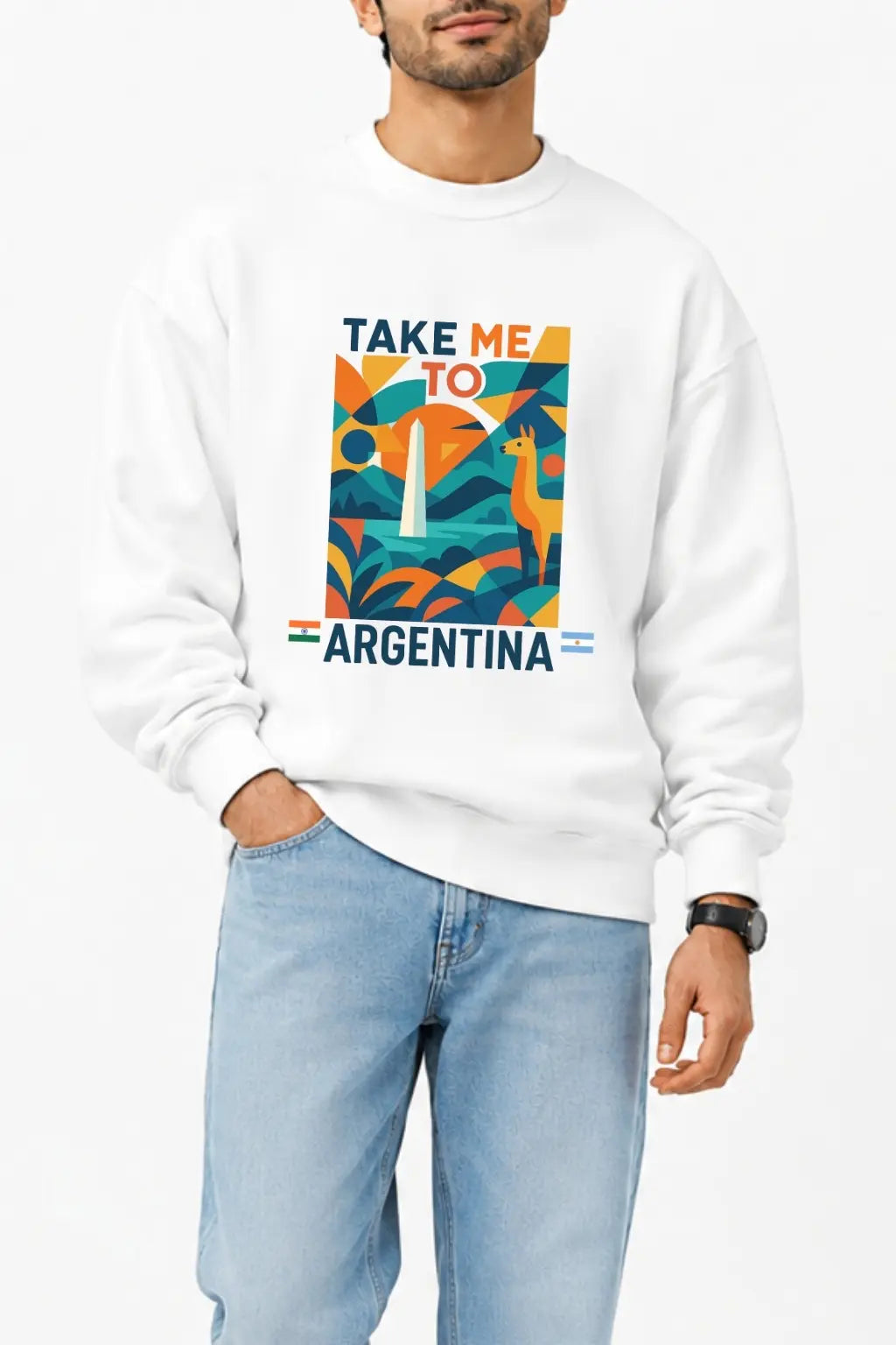 JUNOSHI Take Me To Argentina Sweatshirt Unisex — Obelisco Buenos Aires Print Close-Up, Wanderlust Detail