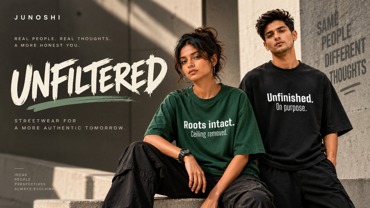 JUNOSHI Unfiltered Indian streetwear collection featuring oversized graphic tees