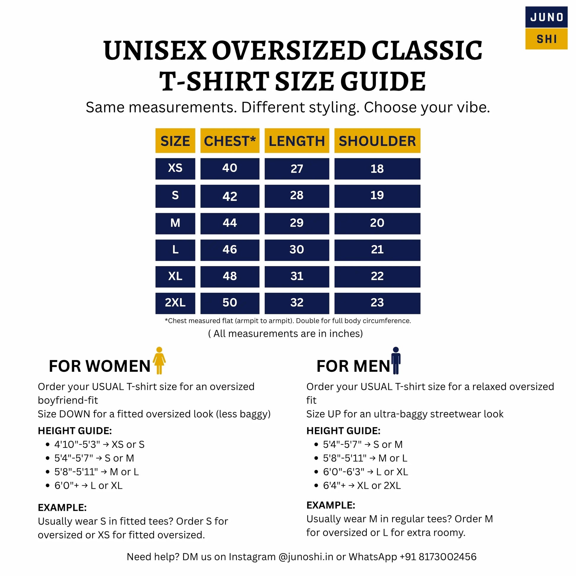 JUNOSHI Unisex Oversized Classic T-Shirt Size Guide — Chest, Length & Shoulder Measurements XS to 2XL