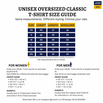 JUNOSHI Unisex Oversized Classic T-Shirt Size Guide — Chest, Length & Shoulder Measurements XS to 2XL