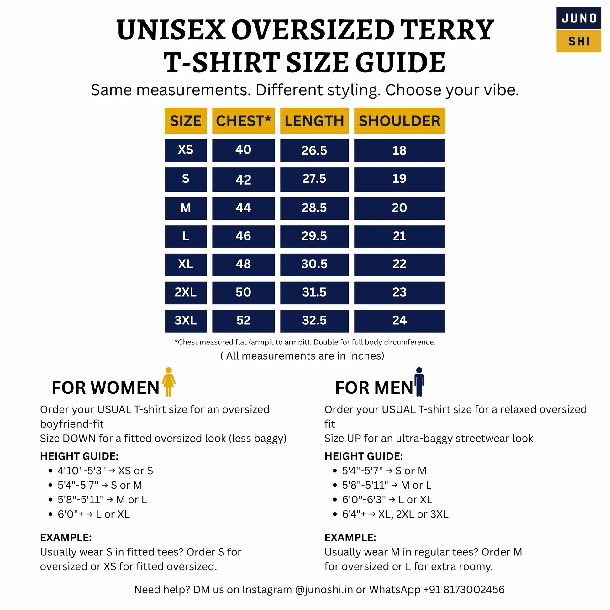 Size guide for JUNOSHI Unisex Oversized Terry T-Shirt — chest, length, and shoulder measurements in inches for XS to 3XL, with height-based fit advice for men and women