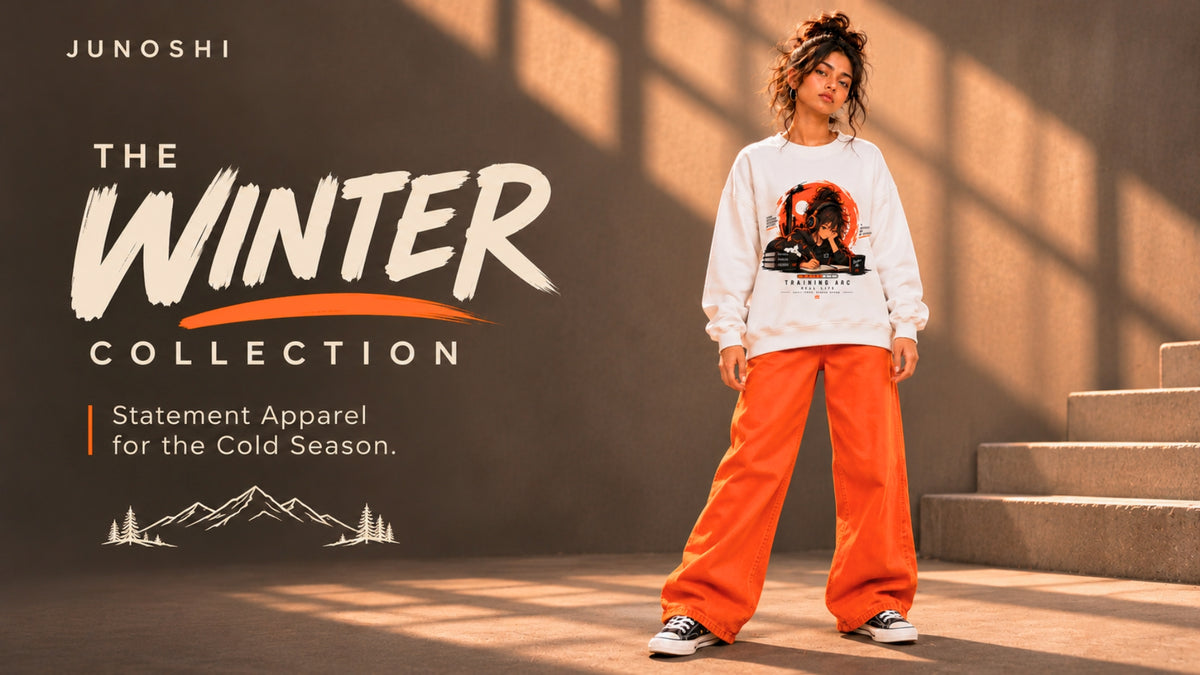 JUNOSHI Winter Collection featuring graphic sweatshirts and winter streetwear in a contemporary urban setting